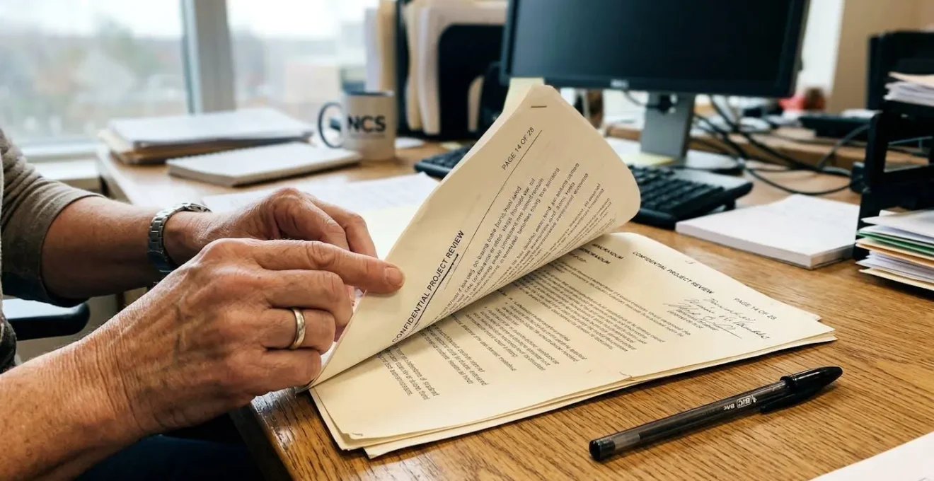 Des mains feuilletent un document épais sur un bureau avec un stylo posé à côté