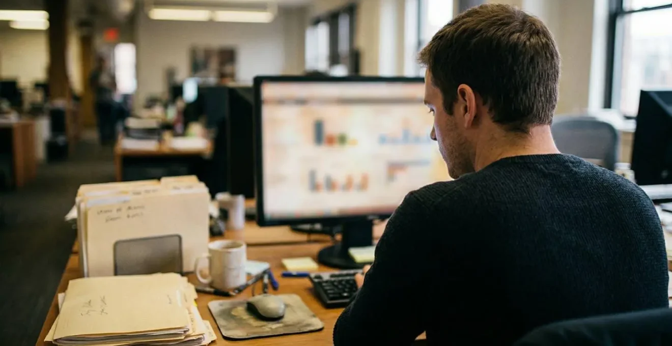 Une personne vue de dos consulte un écran d'ordinateur affichant des graphiques floutés dans un bureau avec des dossiers