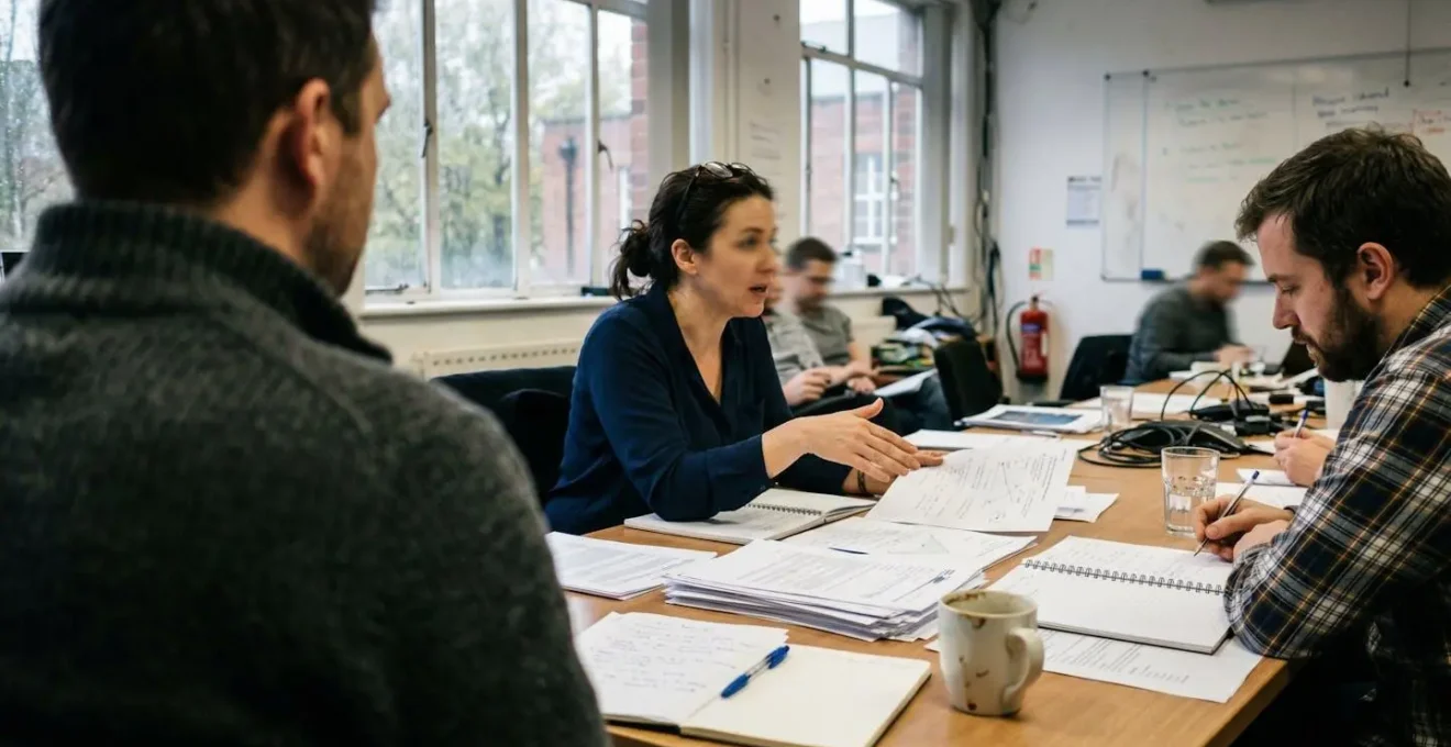 Plusieurs personnes assises autour d'une table de réunion consultent des documents imprimés dans une salle lumineuse