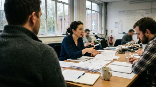 Plusieurs personnes assises autour d'une table de réunion consultent des documents imprimés dans une salle lumineuse