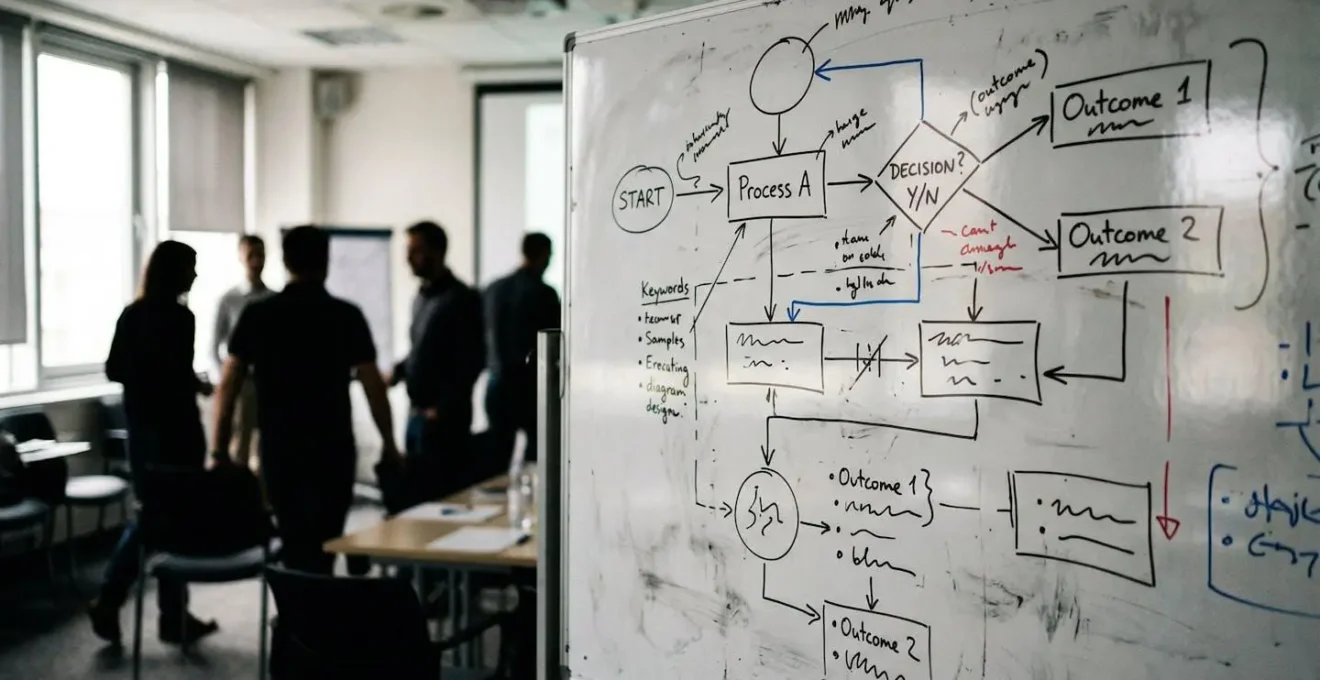 Un tableau blanc avec des flèches et cercles dessinés à la main dans une salle de formation, silhouettes floues en arrière-plan